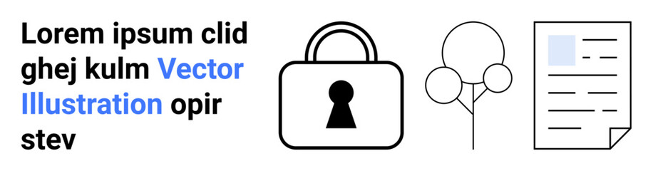 Lock icon with keyhole, tree diagram, and document outline. Text with Vector Illustration highlighted in blue. Ideal for online security, data protection, privacy, document management, cybersecurity