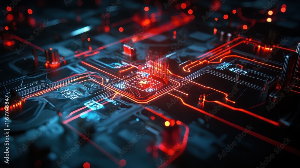 Poster dynamic circuit board design futuristic lab digital art tech environment aerial view innovative tech