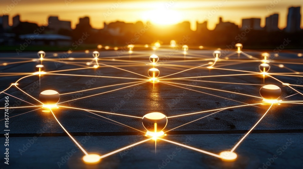 Aufkleber global network connection at sunset: a visual representation of interconnectivity and technological 