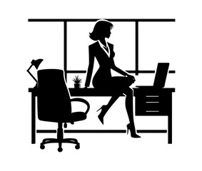 A businesswoman silhouette in front of a laptop typing on the keyboard, figuration isolated on white background