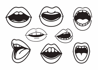 Set of smile mouths for cartoon character. The mouth makes different sounds, shows emotions. Laughs, sings, growls, screams, sings, gets angry, fangs, whistles and rejoices. Isolated vector on white