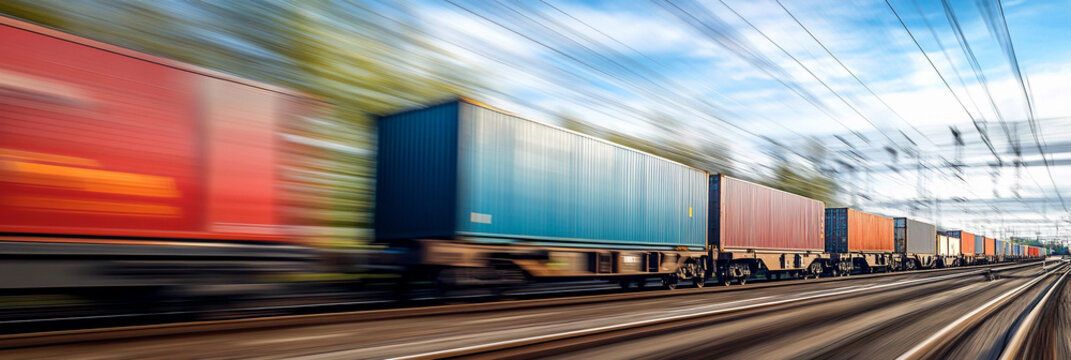 Container train traveling at high speed through green landscape