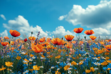 Obraz premium Photo réaliste professionnelle d’un champ paisible de fleurs sauvages avec des coquelicots, des marguerites et de la lavande sous un ciel bleu éclatant, créant une scène printanière pittoresque