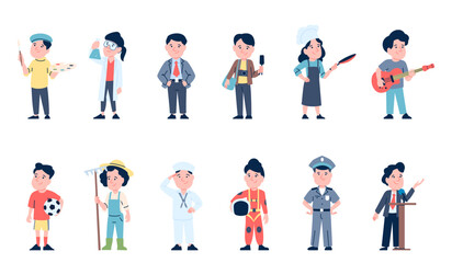 Fototapeta premium Kids in uniform. Children play in professions, journalist scientist businessman farmer chef painter or artist seaman policeman. Cute recent vector characters