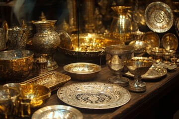 Fototapeta premium Ornate metallic bowls, plates, and vessels on wood.