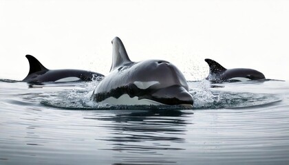 Obraz premium Orcas swimming gracefully in calm waters, white isolate background. 