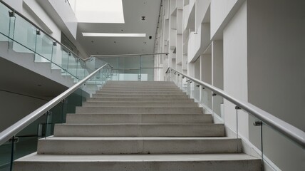 Modern white stone staircase with glass railings in a bright building interior.