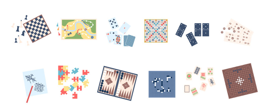 Different boarding games set. Chess scrabble domino and puzzle. Leisure time with family and friends, intellectual game for teens, recent vector set
