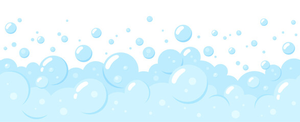 Soap bubbles seamless pattern. Bath foam and flying bubble border design. Wash gel, shampoo, soda. Cleaning washing or laundry, racy vector background