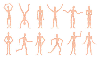Wood man model. Wooden manikin in different active poses. Figure for art painters, artists, home decor. Puppet doll, marionette model racy vector set