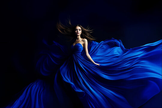 Woman in a flowing blue dress creates a captivating visual display against a dark background