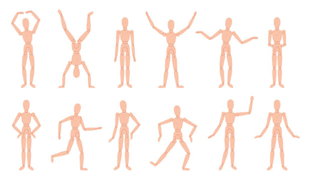Wood man model. Wooden manikin in different active poses. Figure for art painters, artists, home decor. Puppet doll, marionette model racy vector set