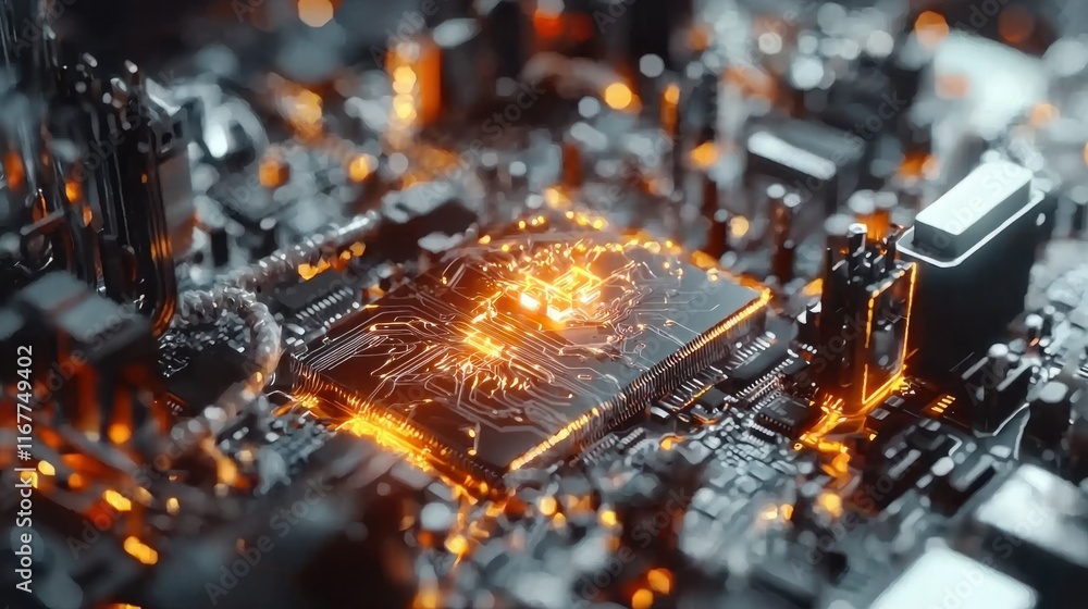 Poster dynamic electronic circuitry technology hub digital art high-tech environment close-up view innovati