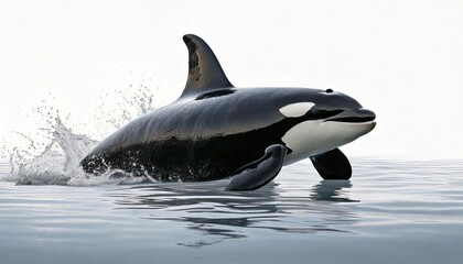 Obraz premium Orcas swimming gracefully in calm waters, white isolate background. 
