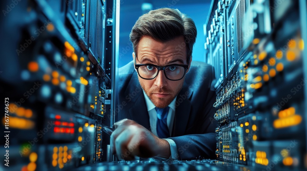 Poster funny businessman working at a computer. network security systems.