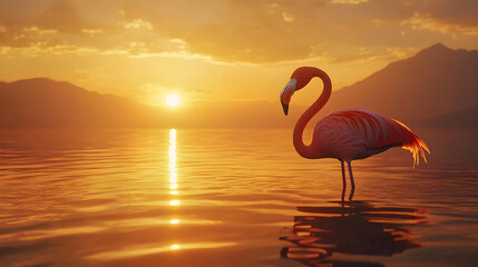 Serene Flamingo: Elegant Solitude in a Golden Lake at Sunset with Mountain Silhouettes