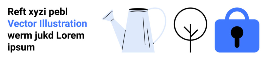 Watering can pouring water, minimalist tree, and blue padlock. Ideal for gardening, security, environmental, nature conservation, minimalistic design, eco-friendly themes, educational projects