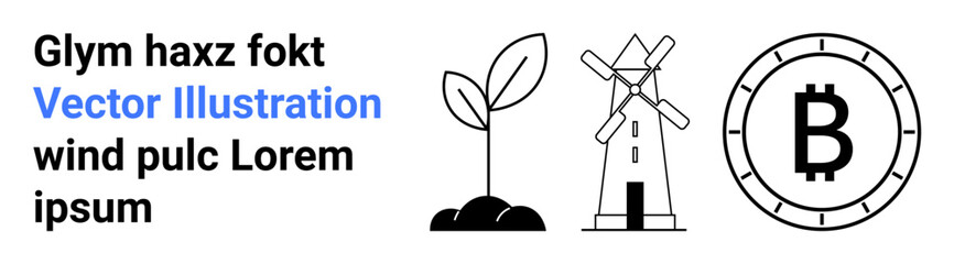 Plant sprout, windmill, and Bitcoin coin symbol representing renewable energy, sustainability, and cryptocurrency. Ideal for finance, technology, eco-friendly projects, green business, renewable