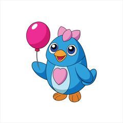 Cartoon Blue Bird Holding a Pink Balloon Vector Art