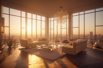 Luxurious Living Room with Golden Hour Lighting and Panoramic Views