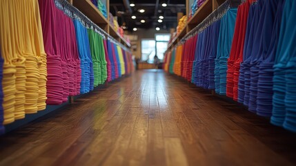 Colorful shirts neatly stacked on shelves in a retail store, showcasing a variety of colors and textures.  The hardwood floor adds a warm, inviting touch.