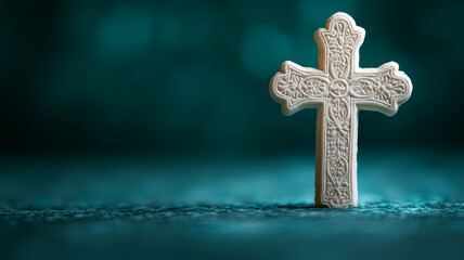 Decorative cross on a teal textured background.