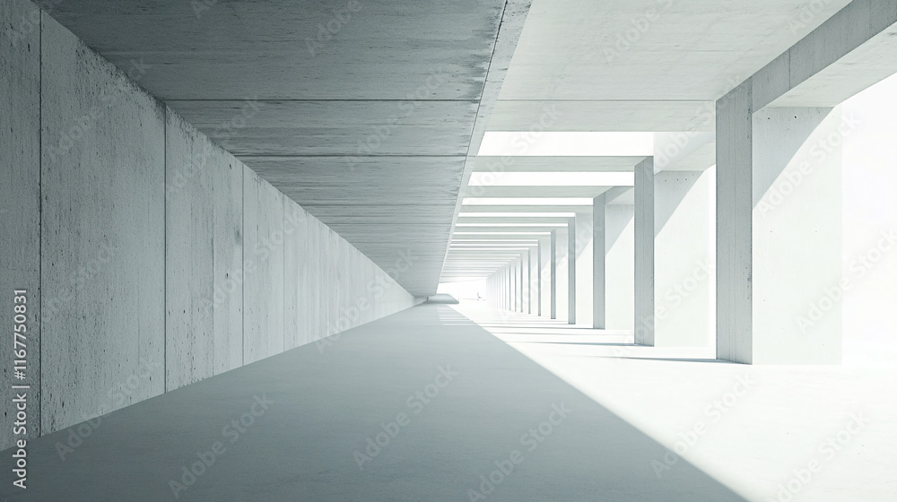 Poster a bright modern concrete corridor with natural light streaming through large open windows creating a