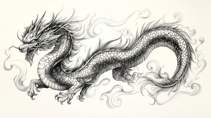 Obraz premium A detailed illustration of a mythical dragon amidst swirling clouds.