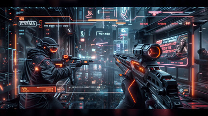Video game mockup first person shooter gameplay war. Cover game or shooter