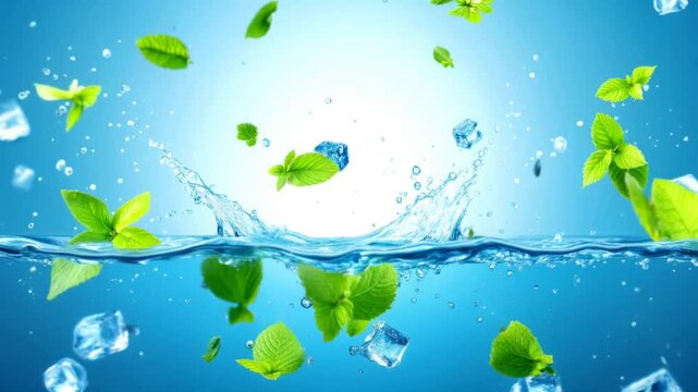 Fresh mint leaves and ice cubes create a refreshing splash in clear water