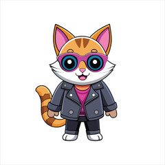 Cool Cartoon Cat in Black Leather Jacket and Sunglasses Vector Art