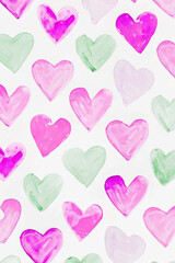 Colorful heart patterns, vibrant watercolor style, playful design, romantic theme, perfect for backgrounds, love illustrations.