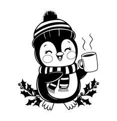 Joyful Penguin Holding Warm Mug – Holiday Vector Illustration