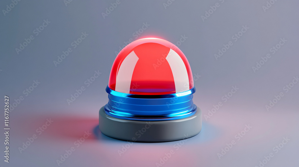 Poster a sleek security siren with a red and blue glowing dome and a metallic base placed on a smooth light