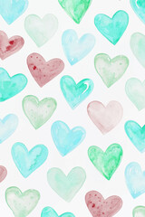 Colorful watercolor hearts, playful design, soft pastel tones, romantic background, perfect for invitations.