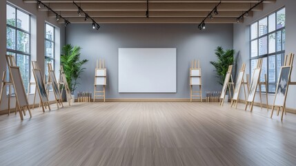 Fototapeta premium Serene Minimalist Art Space with Natural Light and Wooden Elements for Creative Endeavors in a Calm Environment