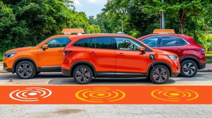 Fototapeta premium Electric Vehicles Parked Amid Lush Greenery Showcasing Sustainable Urban Transportation
