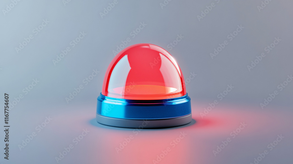 Poster a sleek glowing button with a red and blue illuminated dome and a metallic base on a smooth neutral 