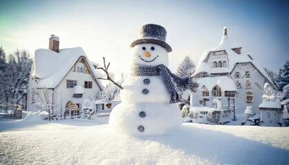 Naklejka premium Relaxing and cute snowman town with houses made of snow 