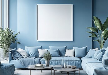 A blue living room with an empty white poster frame on the wall, creating a serene and stylish atmosphere for advertising mockups. 