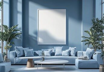 A blue living room with an empty white poster frame on the wall, creating a serene and stylish atmosphere for advertising mockups. 