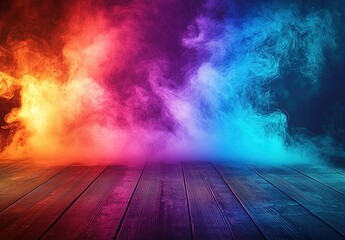 Colorful smoke background with a wooden table floor, smoke in vibrant colors, colored light on a dark black wall background
