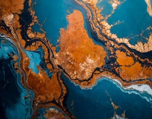 Satellite view of an island or coastal region with bodies of water seas, oceans, land light brown or beige, no text or markings, graphical overlay effect creating depth - Generative AI