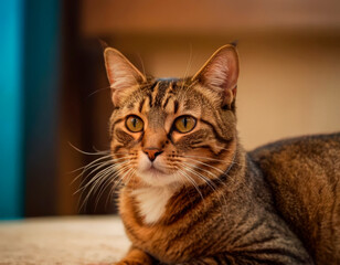Fototapeta premium Close-up of relaxed tabby cat, possibly in a domestic setting with soft lighting - Generative AI