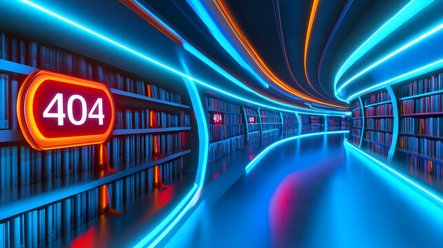 A neon-lit library corridor beckons exploration and discovery at dusk