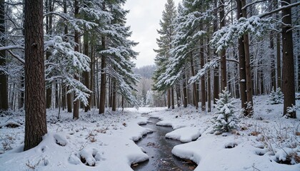 Serene winter landscape with snow-covered forest and stream, tranquility