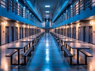 Dramatic Wide Angle Shot of an Empty Prison Cafeteria with Tables and Industrial Lighting Creating a Stark Atmosphere for Conceptual Use