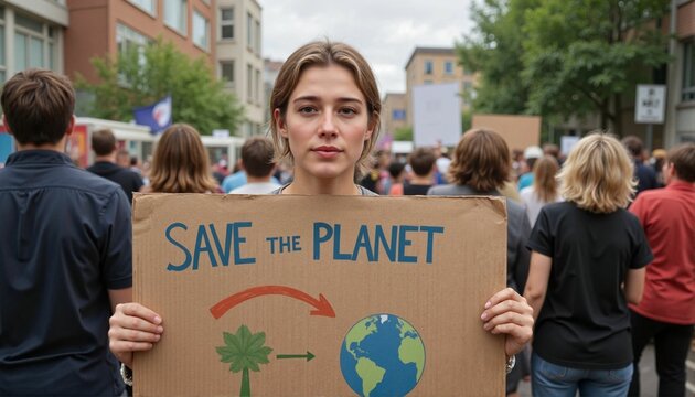 Young activist protesting for environmental change in urban setting, awareness