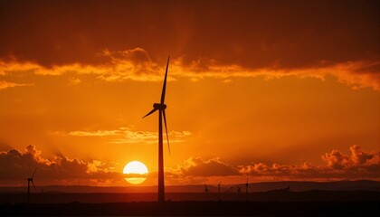 Obraz premium Wind turbine silhouetted against vibrant orange sunrise, renewable energy