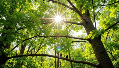 Obraz premium Sunlight filtering through lush tree branches, natural beauty in park
